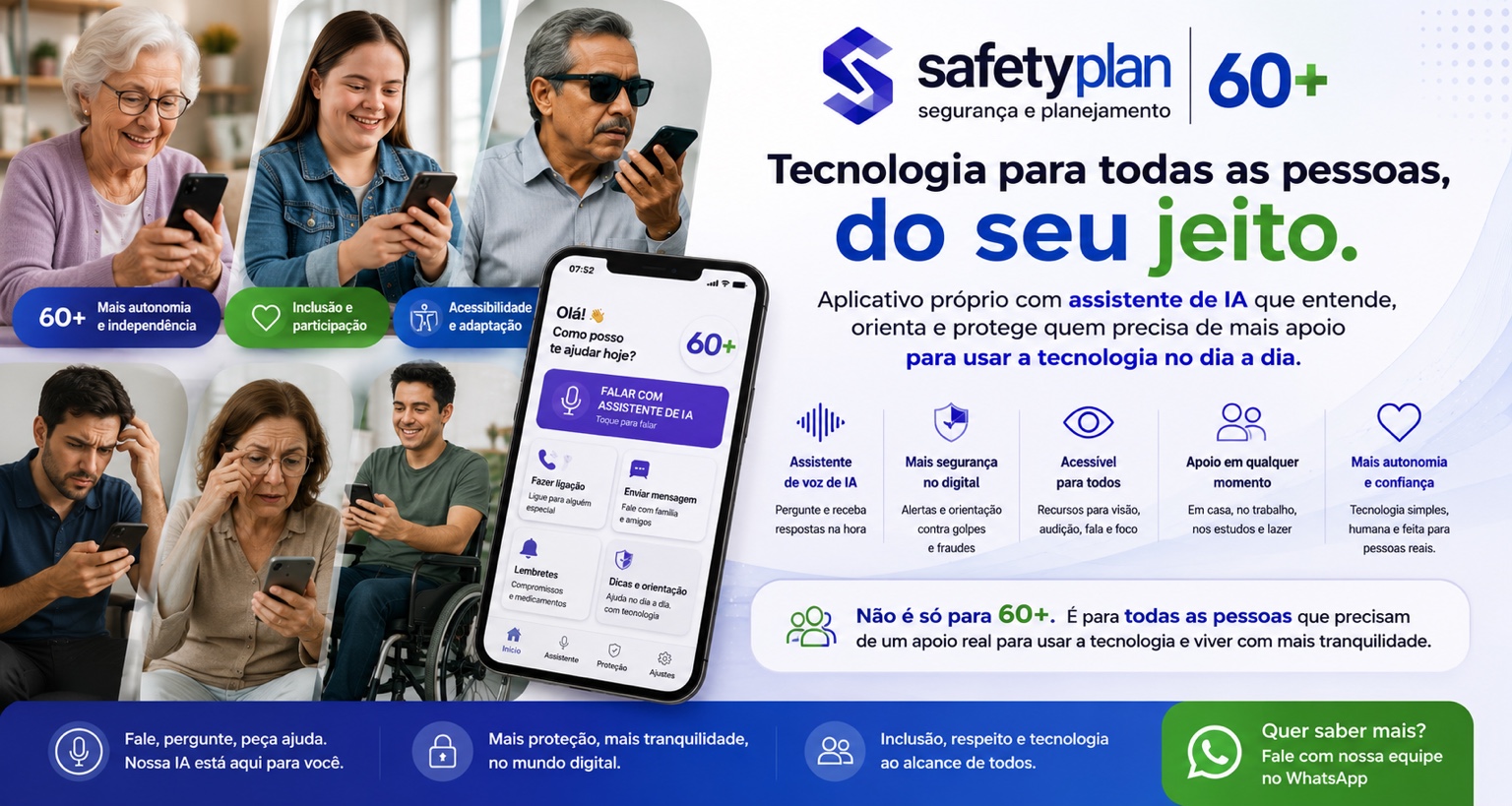 SafetyPlan 60+: tecnologia para todas as pessoas, aplicativo próprio com assistente de IA, segurança, acessibilidade e autonomia.